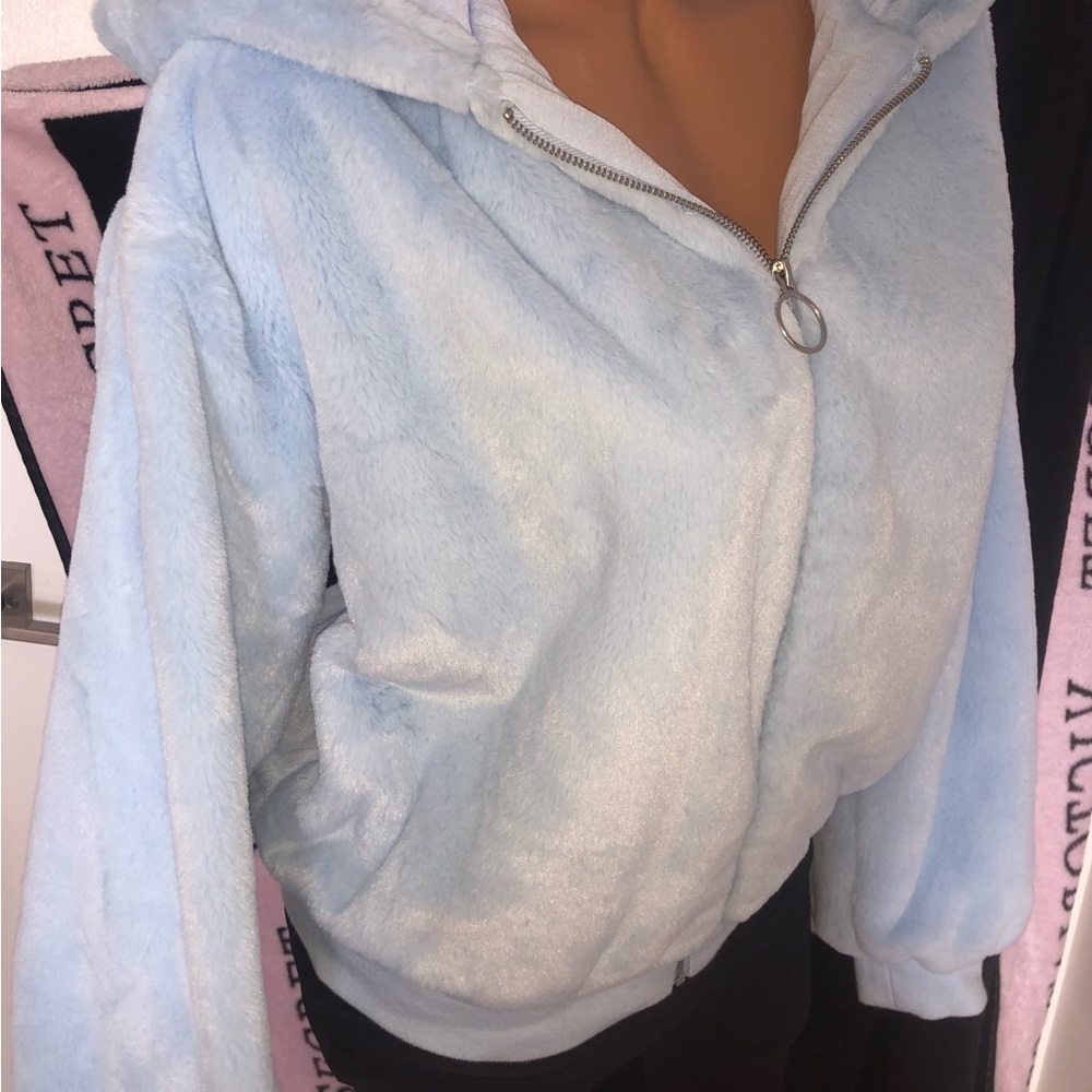 Forever 21 Faux Fur Plush Light Blue Hooded Zip Bomber Jacket S